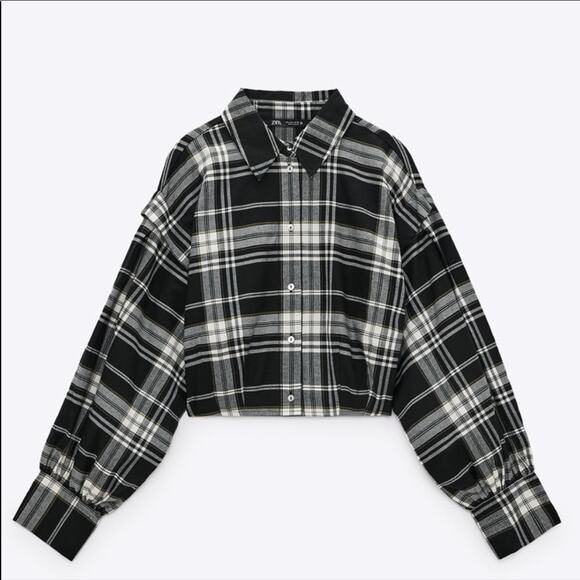 NWT Zara Black and White Plaid Balloon Sleeve Pleated Cropped Shirt M - Picture 2 of 8